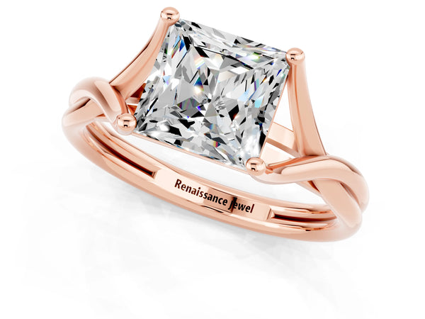 Rose gold Princess Cut Moissanite Solitaire Twist Band Prong Setting Ring