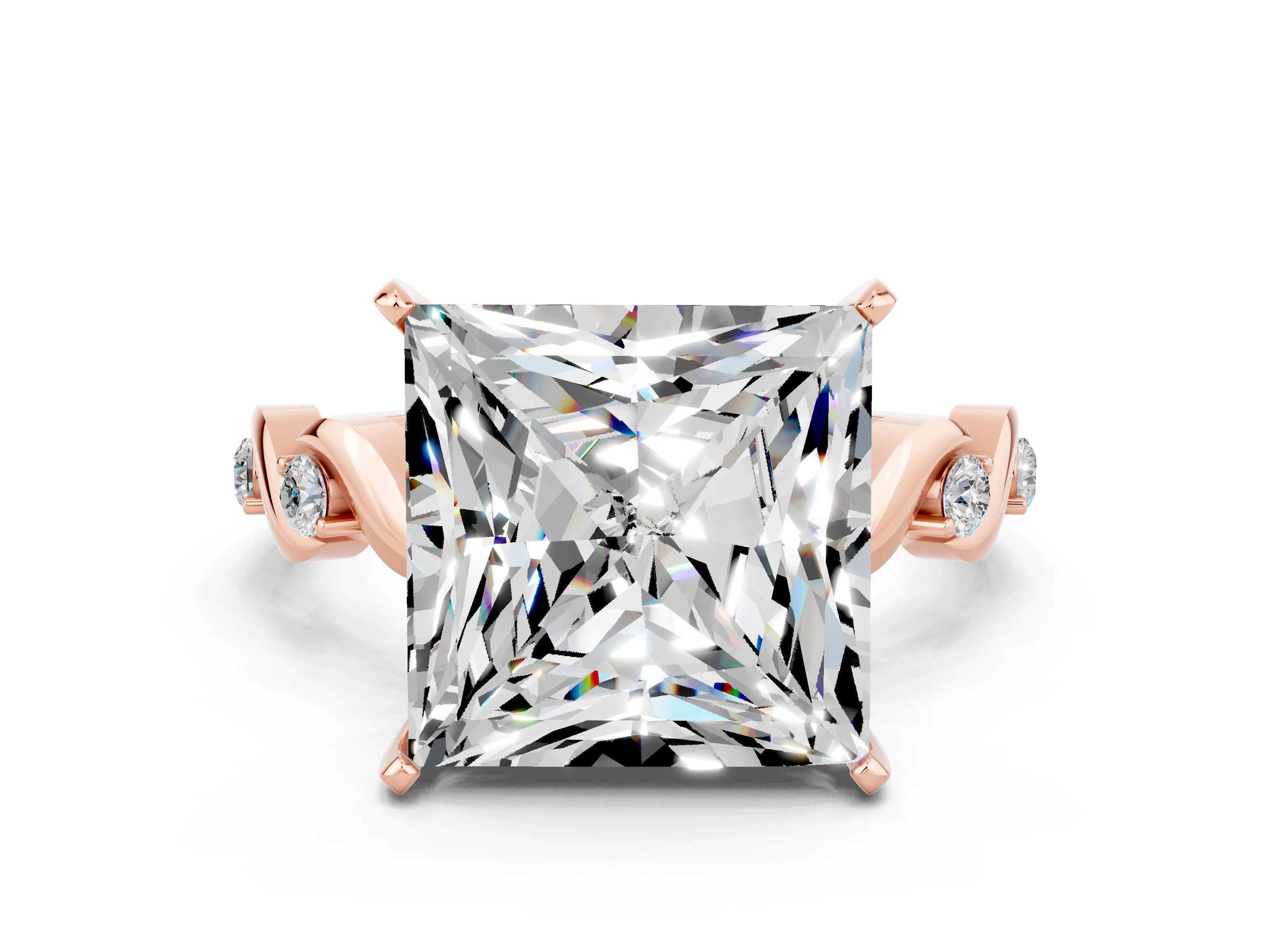 Rose gold Princess Cut Moissanite Solitaire Twisted Band with Round  Accents and Prong Setting_12