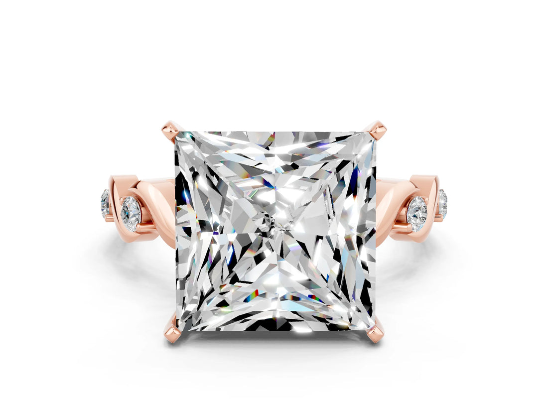 Rose gold Princess Cut Moissanite Solitaire Twisted Band with Round  Accents and Prong Setting_12