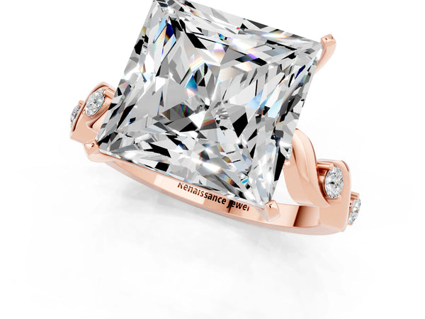 Rose gold Princess Cut Moissanite Solitaire Twisted Band with Round  Accents and Prong Setting