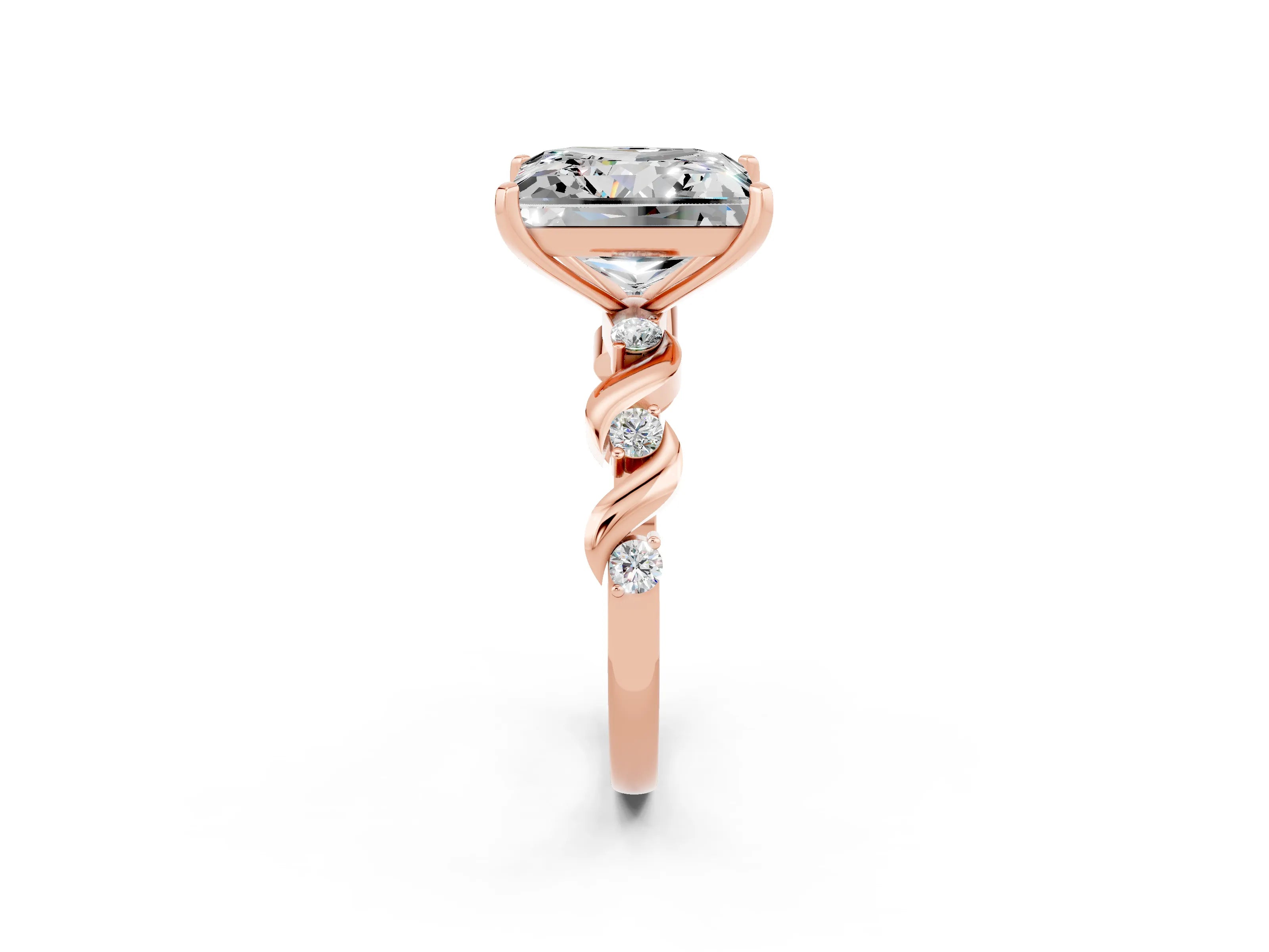 Rose gold Princess Cut Moissanite Solitaire Twisted Band with Round  Accents and Prong Setting_14