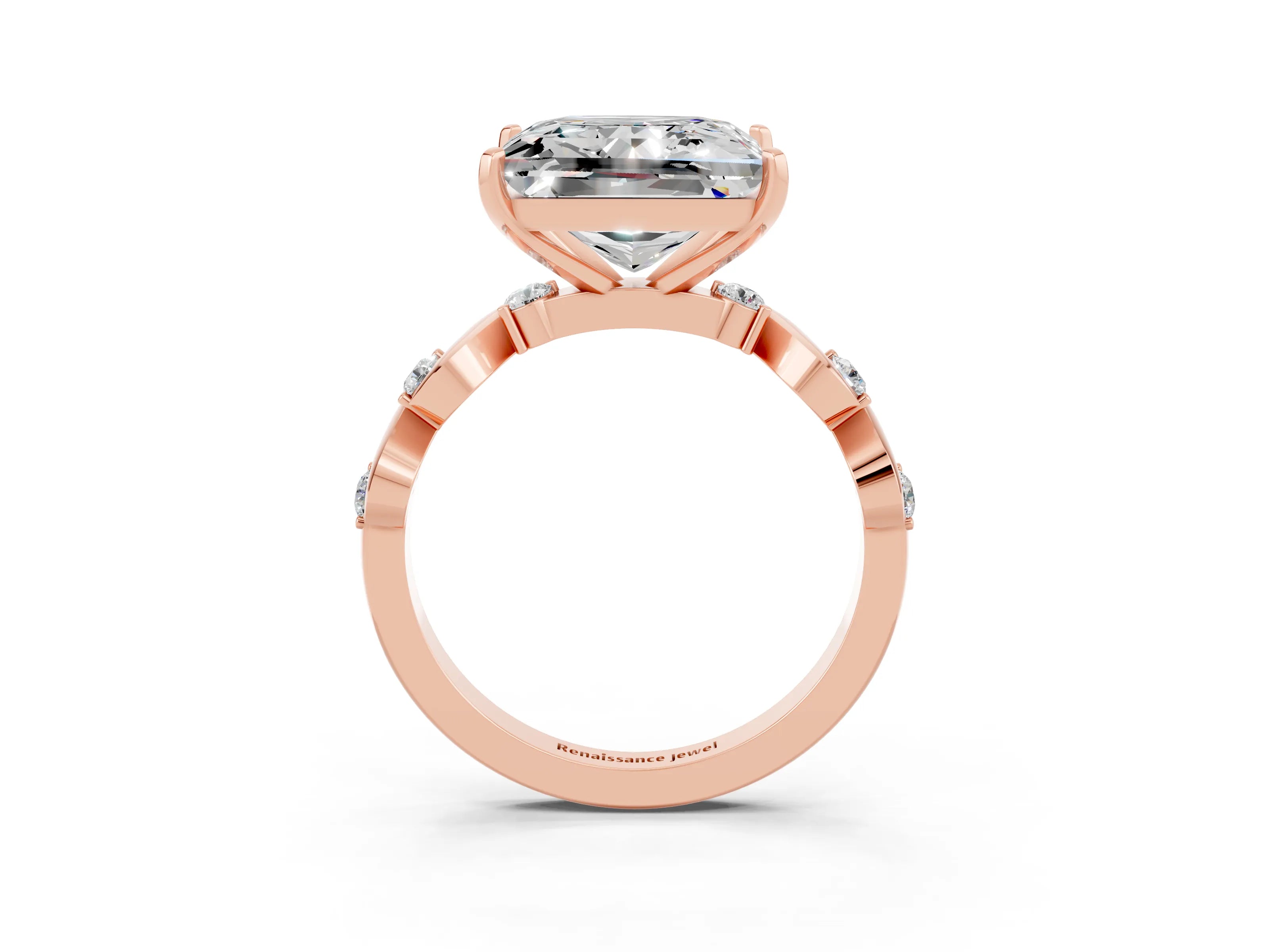 Rose gold Princess Cut Moissanite Solitaire Twisted Band with Round  Accents and Prong Setting_15