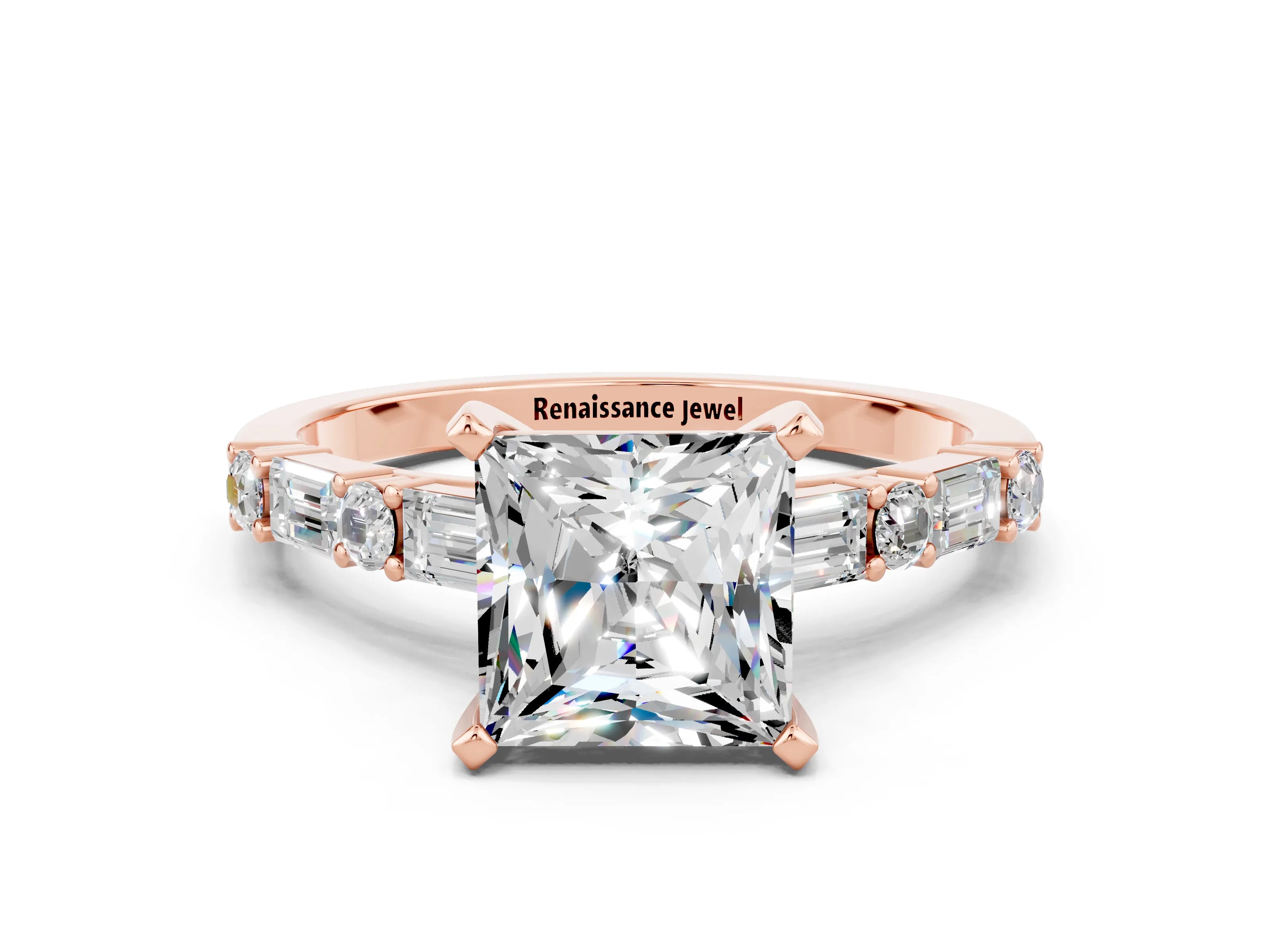 Rose gold Princess Cut Moissanite Solitaire with Side Baguettes and Channel Set Band