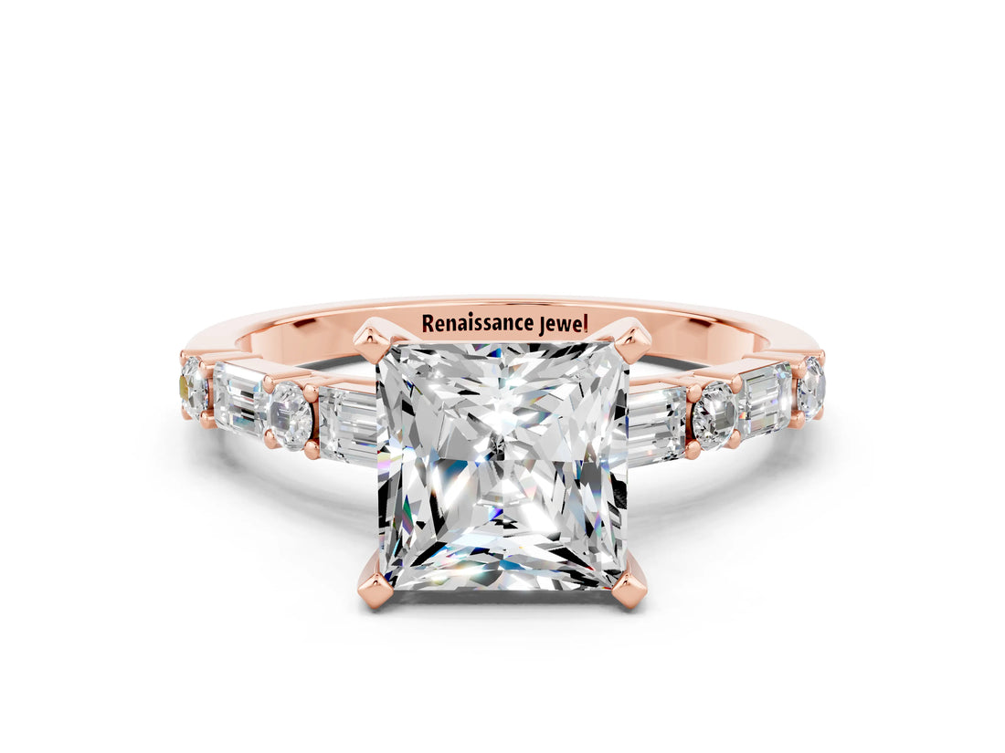 Rose gold Princess Cut Moissanite Solitaire with Side Baguettes and Channel Set Band