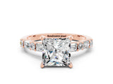 Rose gold Princess Cut Moissanite Solitaire with Side Baguettes and Channel Set Band
