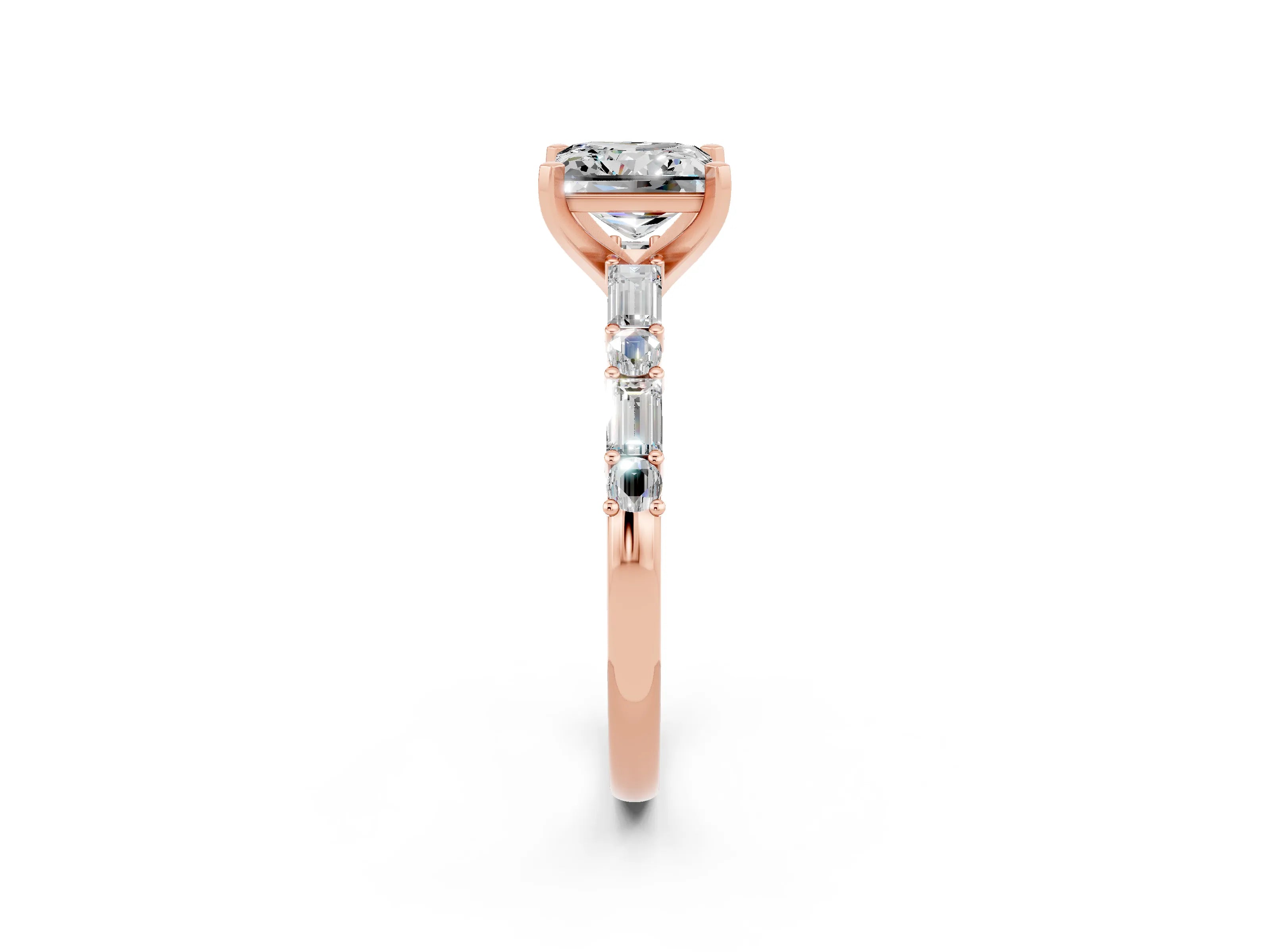 Rose gold Princess Cut Moissanite Solitaire with Side Baguettes and Channel Set Band_2
