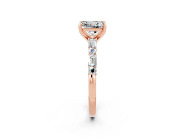 Rose gold Princess Cut Moissanite Solitaire with Side Baguettes and Channel Set Band