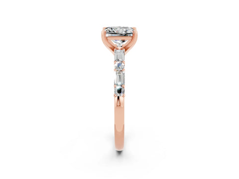 Rose gold Princess Cut Moissanite Solitaire with Side Baguettes and Channel Set Band_2