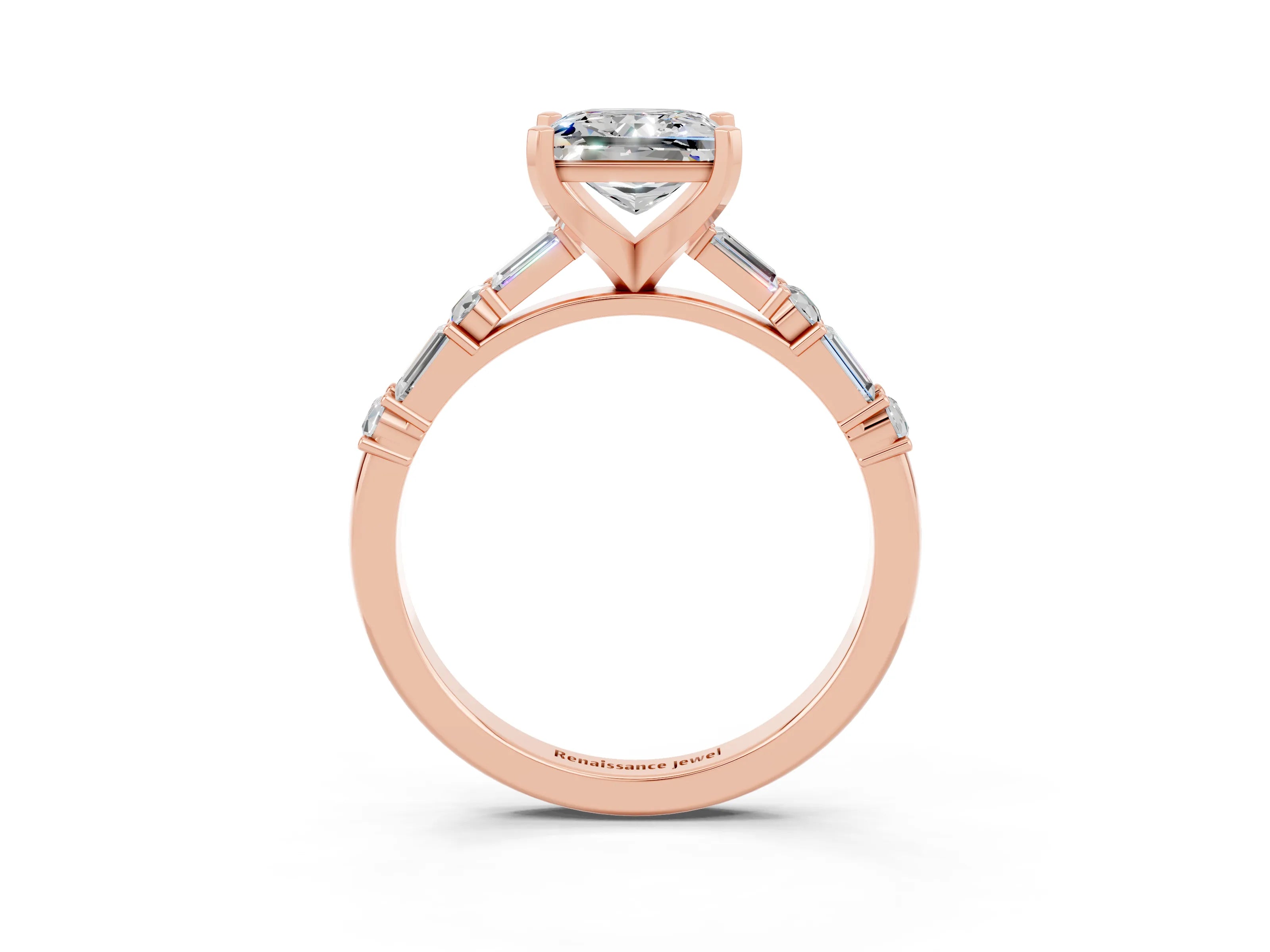 Rose gold Princess Cut Moissanite Solitaire with Side Baguettes and Channel Set Band_3