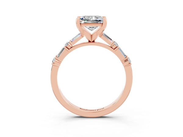 Rose gold Princess Cut Moissanite Solitaire with Side Baguettes and Channel Set Band