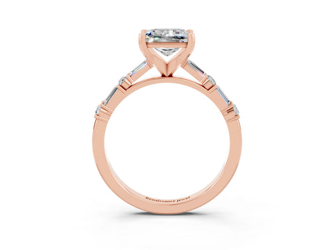 Rose gold Princess Cut Moissanite Solitaire with Side Baguettes and Channel Set Band_3