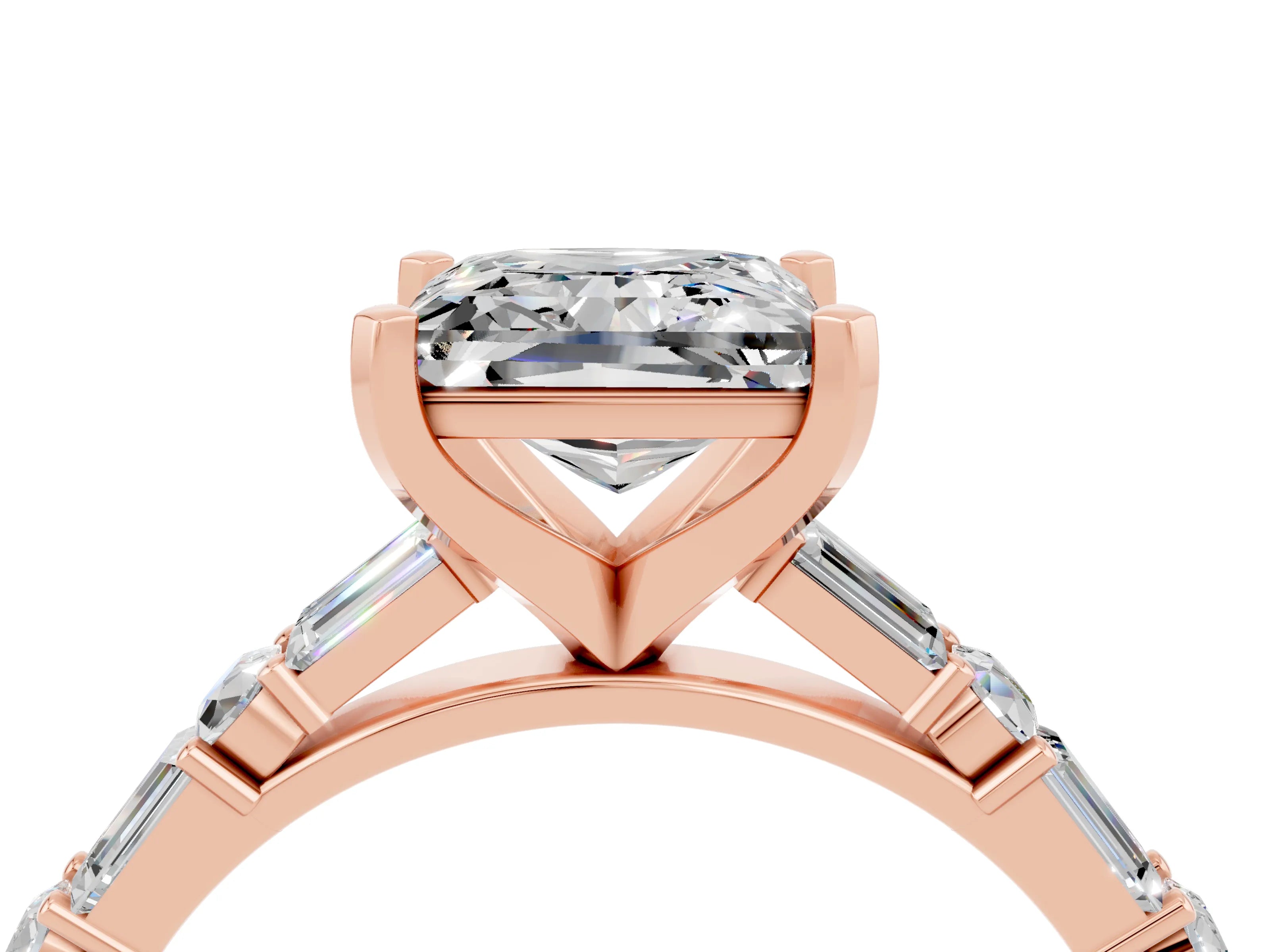Rose gold Princess Cut Moissanite Solitaire with Side Baguettes and Channel Set Band_4
