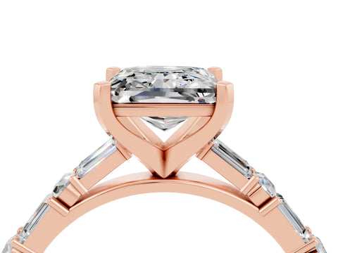 Rose gold Princess Cut Moissanite Solitaire with Side Baguettes and Channel Set Band_4