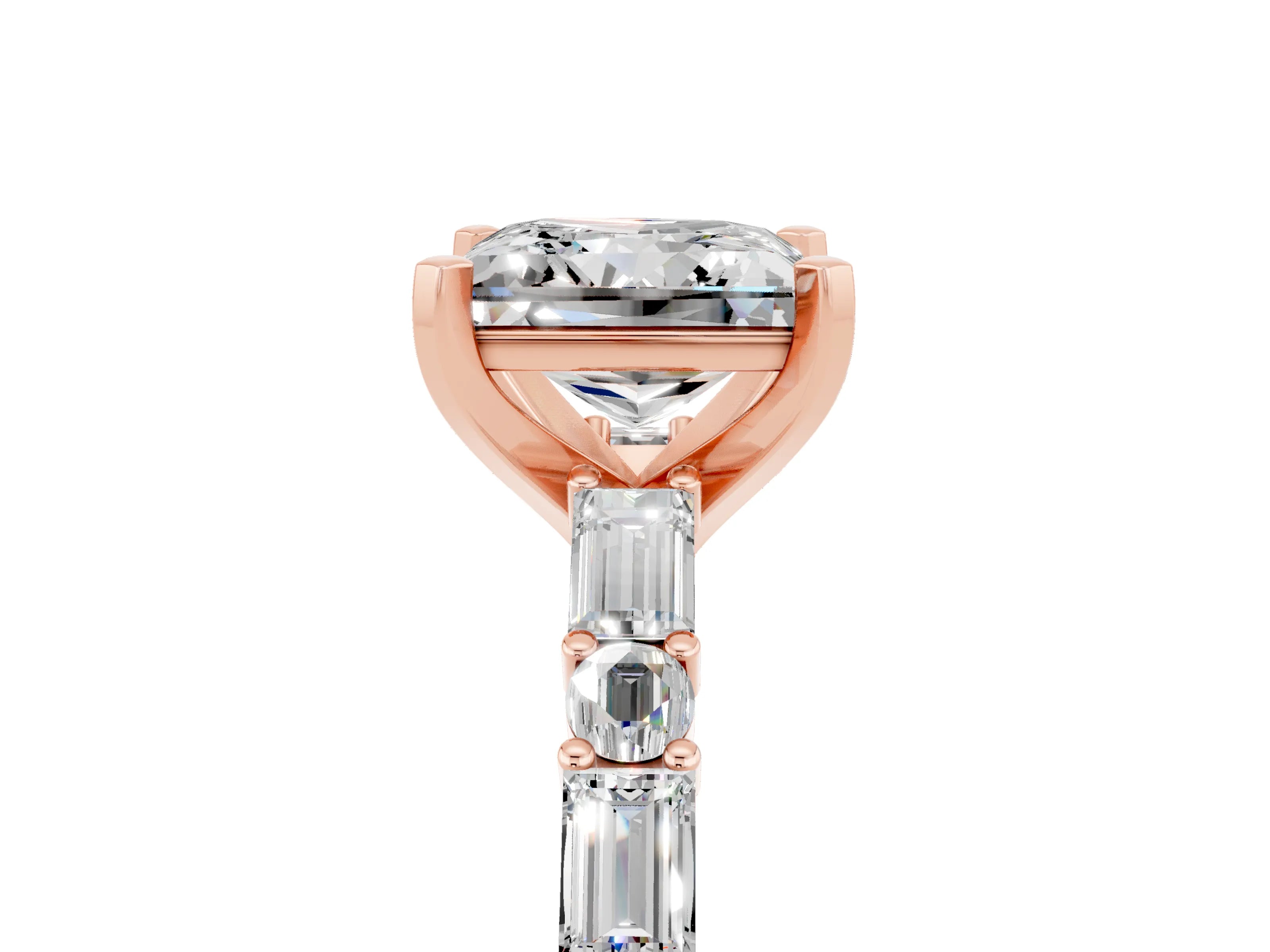 Rose gold Princess Cut Moissanite Solitaire with Side Baguettes and Channel Set Band_5
