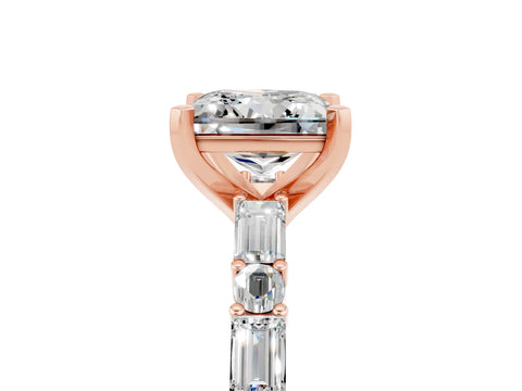 Rose gold Princess Cut Moissanite Solitaire with Side Baguettes and Channel Set Band_5