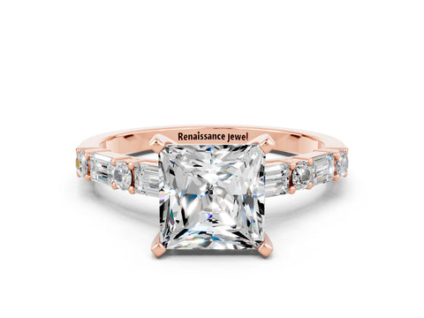 Rose gold Princess Cut Moissanite Solitaire with Side Baguettes and Channel Set Band