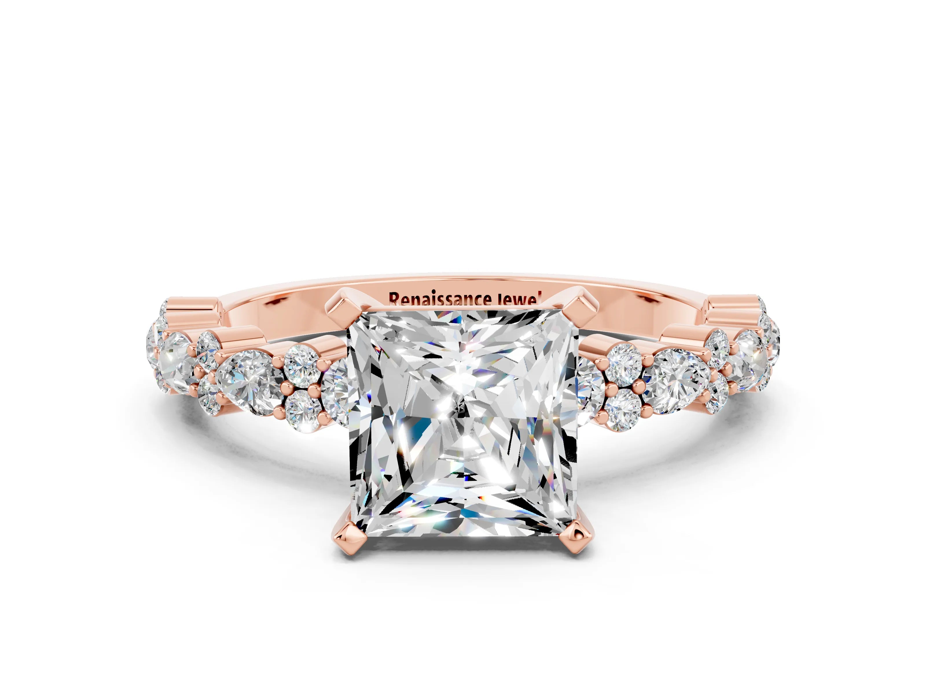 Rose gold Princess Cut Moissanite Solitaire with Side Stones, Pave Band, Four-Prong Setting_24