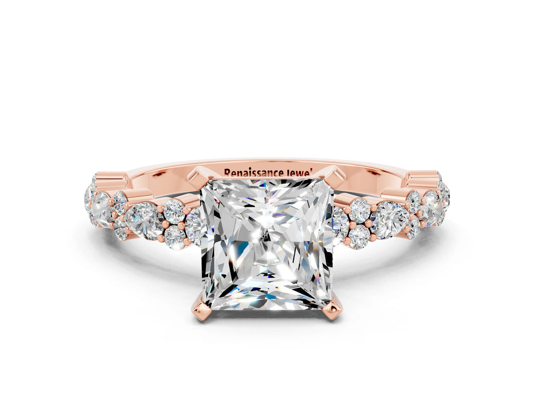 Rose gold Princess Cut Moissanite Solitaire with Side Stones, Pave Band, Four-Prong Setting_24