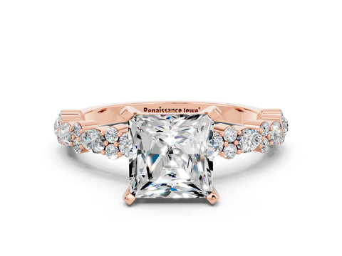 Rose gold Princess Cut Moissanite Solitaire with Side Stones, Pave Band, Four-Prong Setting_24