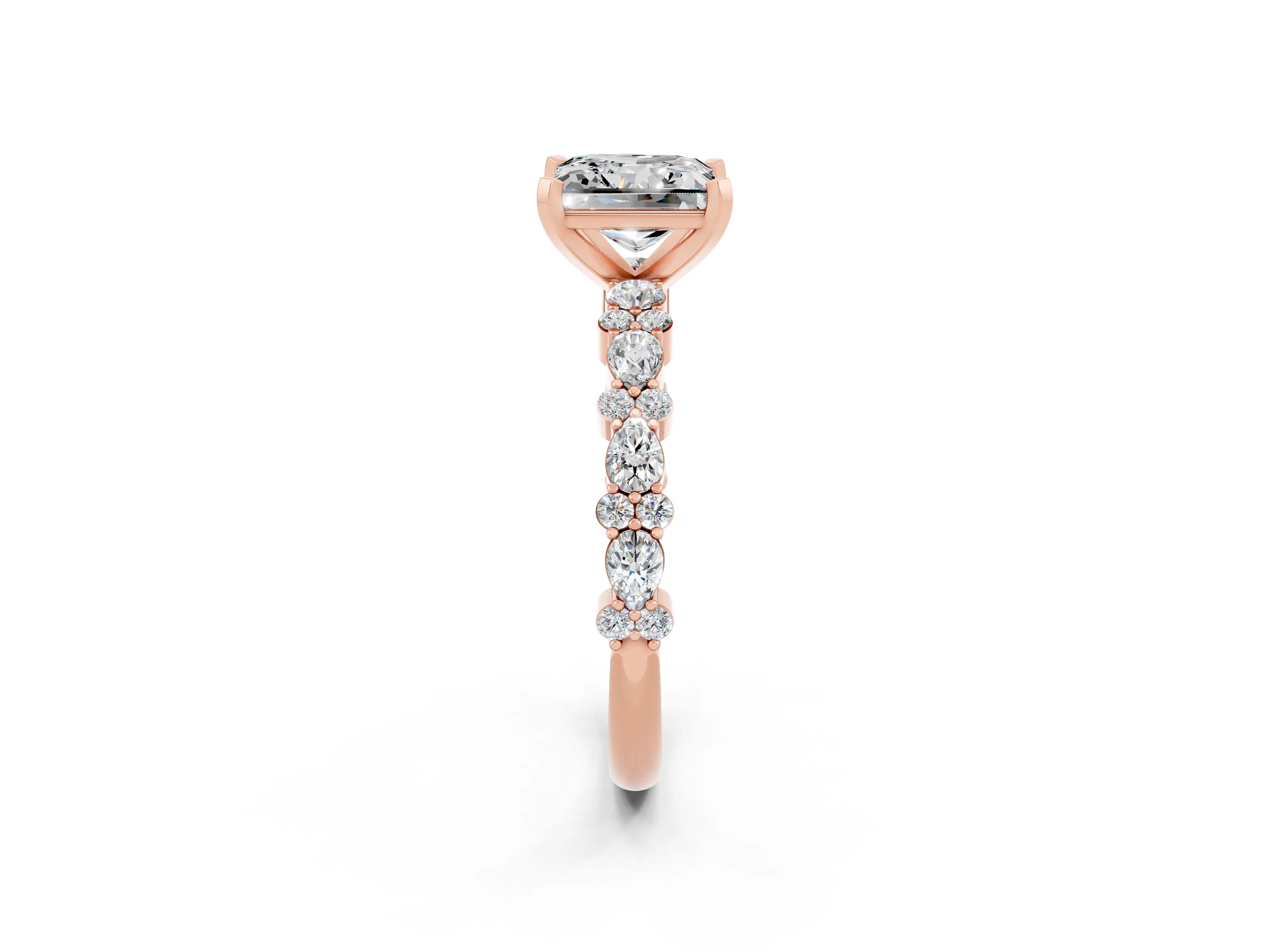 Rose gold Princess Cut Moissanite Solitaire with Side Stones, Pave Band, Four-Prong Setting_26