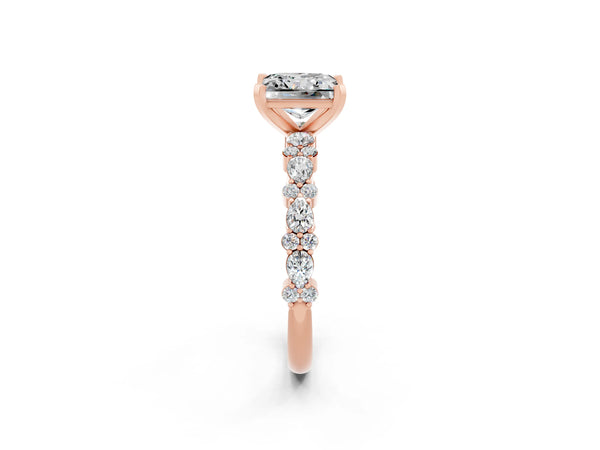 Rose gold Princess Cut Moissanite Side Stone Solitaire Ring with Round  and Four-Prong Setting