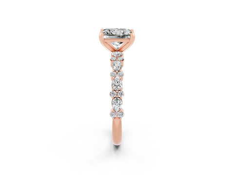 Rose gold Princess Cut Moissanite Solitaire with Side Stones, Pave Band, Four-Prong Setting_26