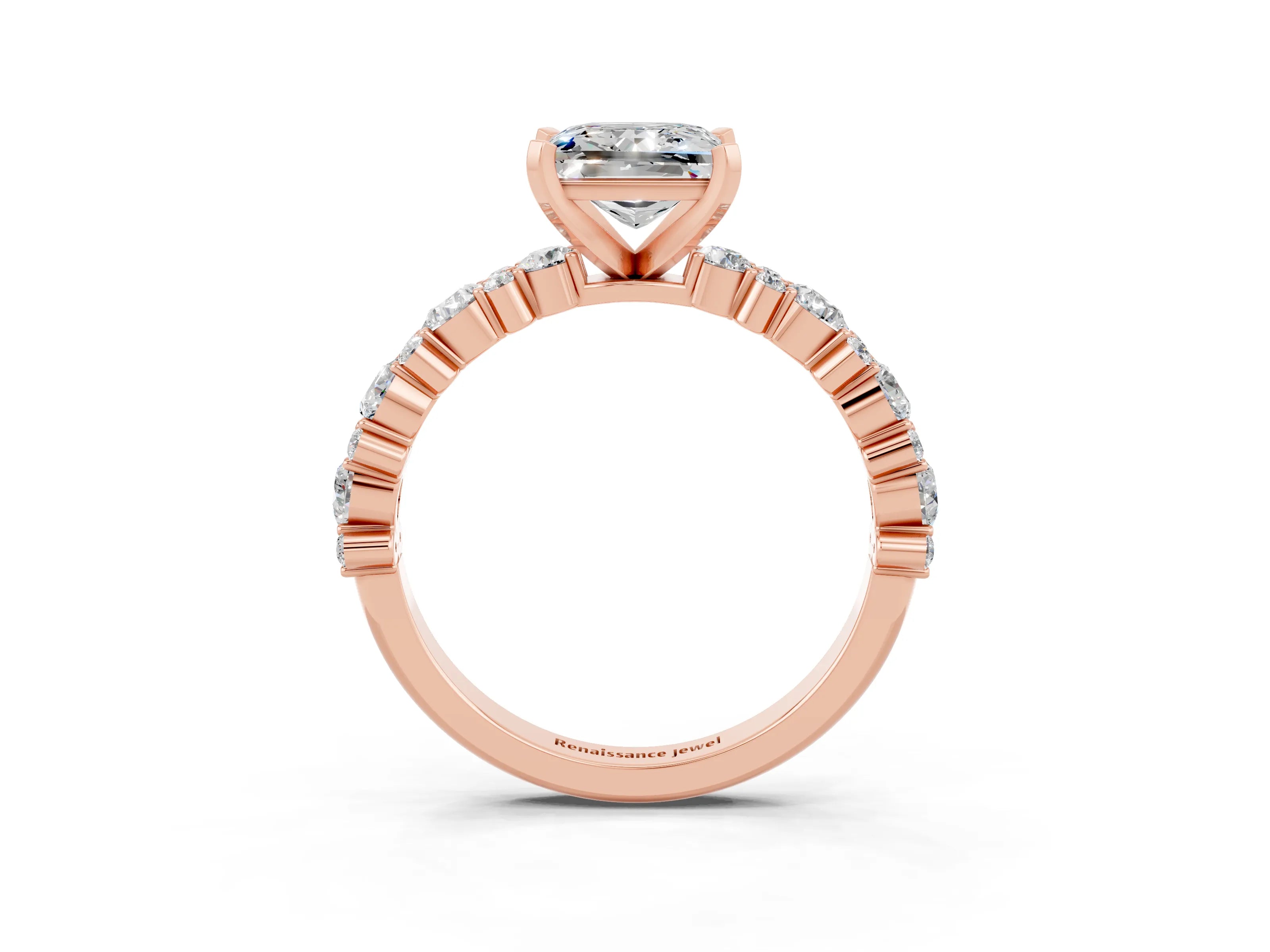 Rose gold Princess Cut Moissanite Solitaire with Side Stones, Pave Band, Four-Prong Setting_27