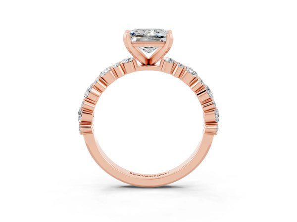 Rose gold Princess Cut Moissanite Side Stone Solitaire Ring with Round  and Four-Prong Setting