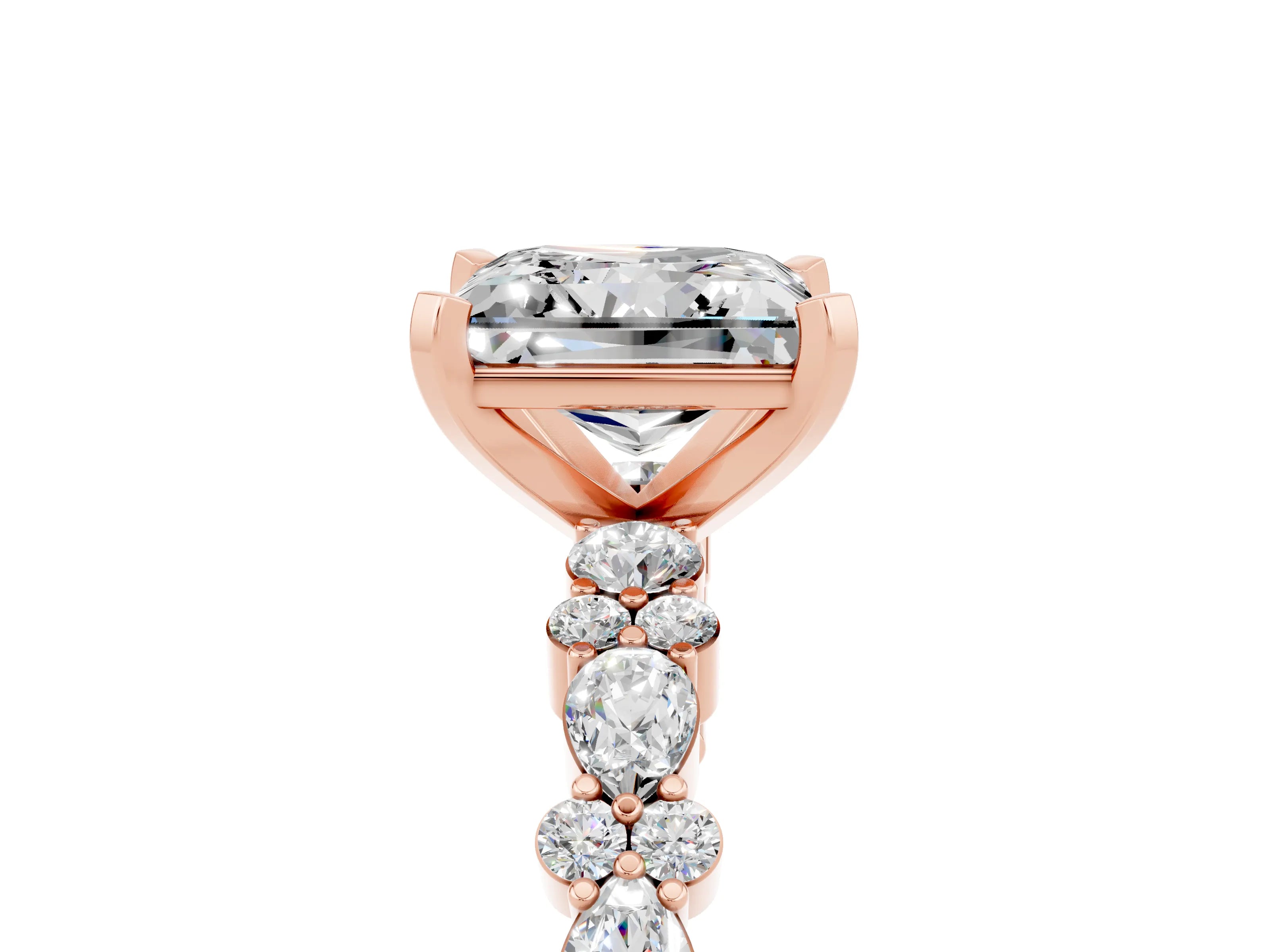 Rose gold Princess Cut Moissanite Solitaire with Side Stones, Pave Band, Four-Prong Setting_29