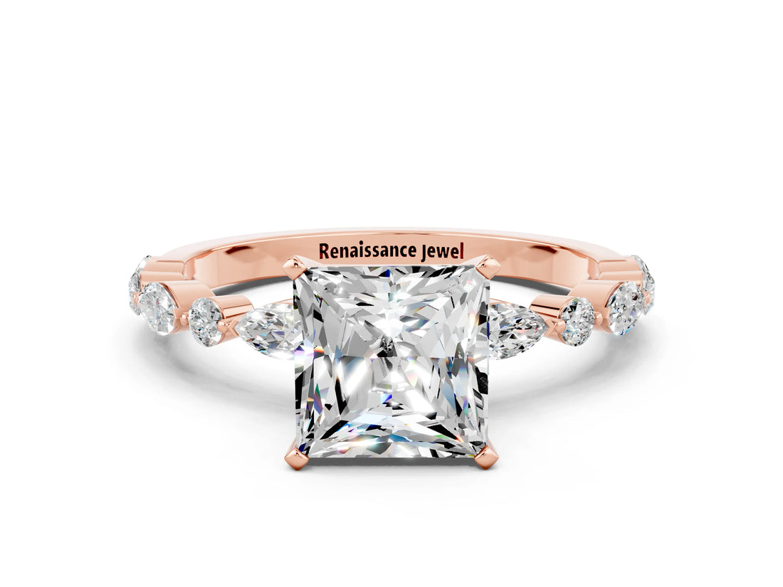 Rose gold Princess Cut Moissanite Solitaire with Side Stones on a Pavé Band and Four-Prong Setting