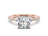 Rose gold Princess Cut Moissanite Solitaire with Side Stones on a Pavé Band and Four-Prong Setting