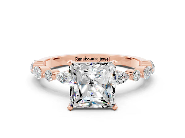 Rose gold Princess Cut Moissanite Ring with Marquise and Round  Side Stones and Four-Prong Setting
