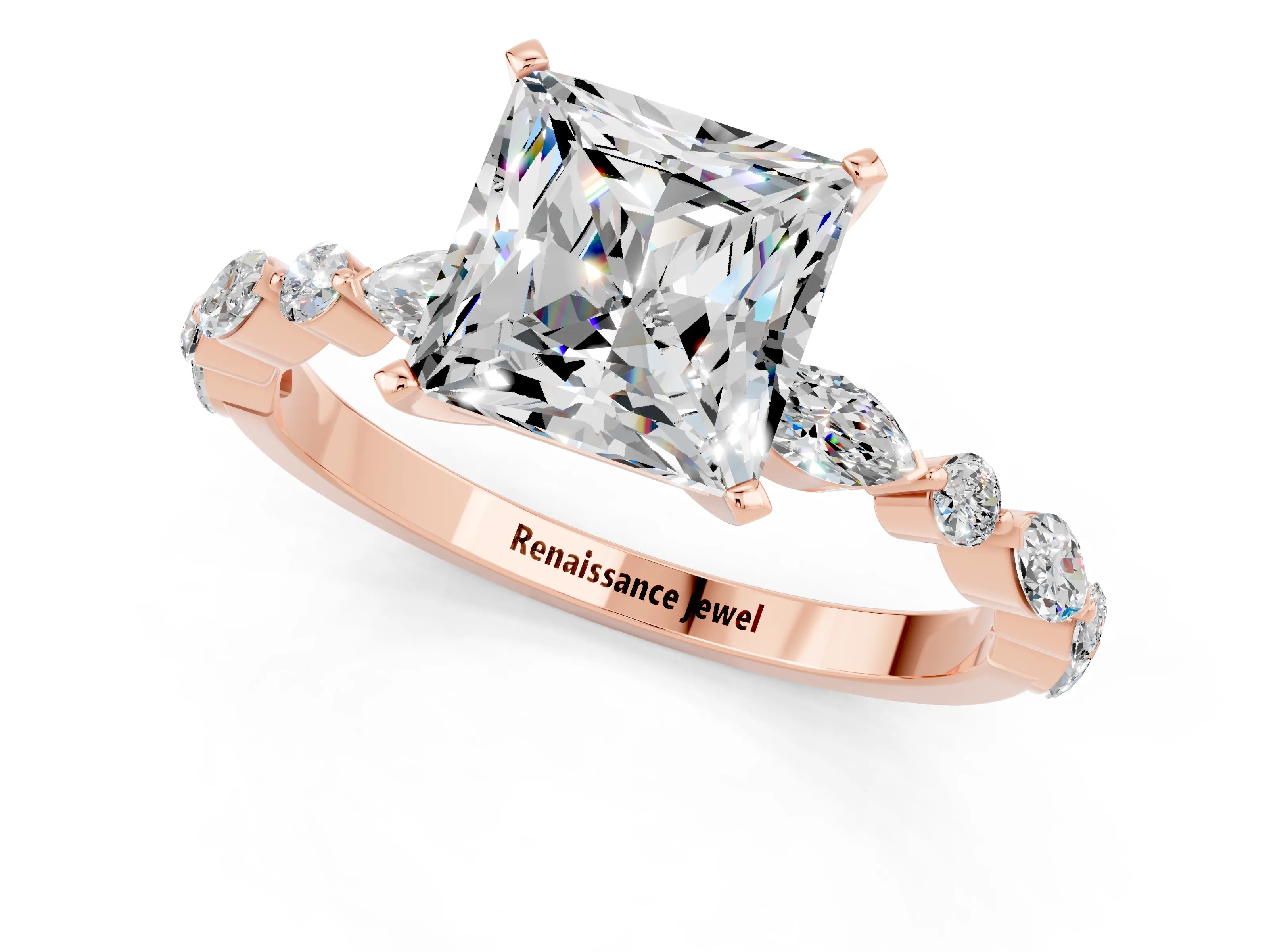 Rose gold Princess Cut Moissanite Solitaire with Side Stones on a Pavé Band and Four-Prong Setting_1