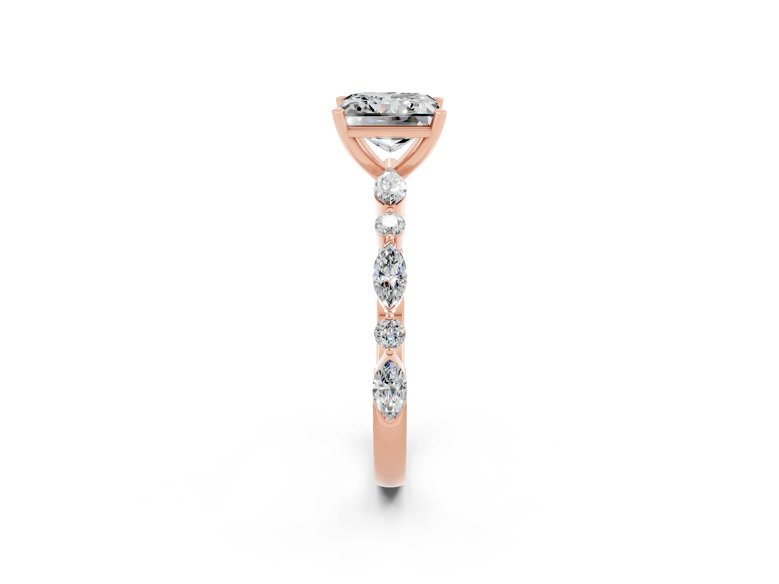 Rose gold Princess Cut Moissanite Solitaire with Side Stones on a Pavé Band and Four-Prong Setting_2