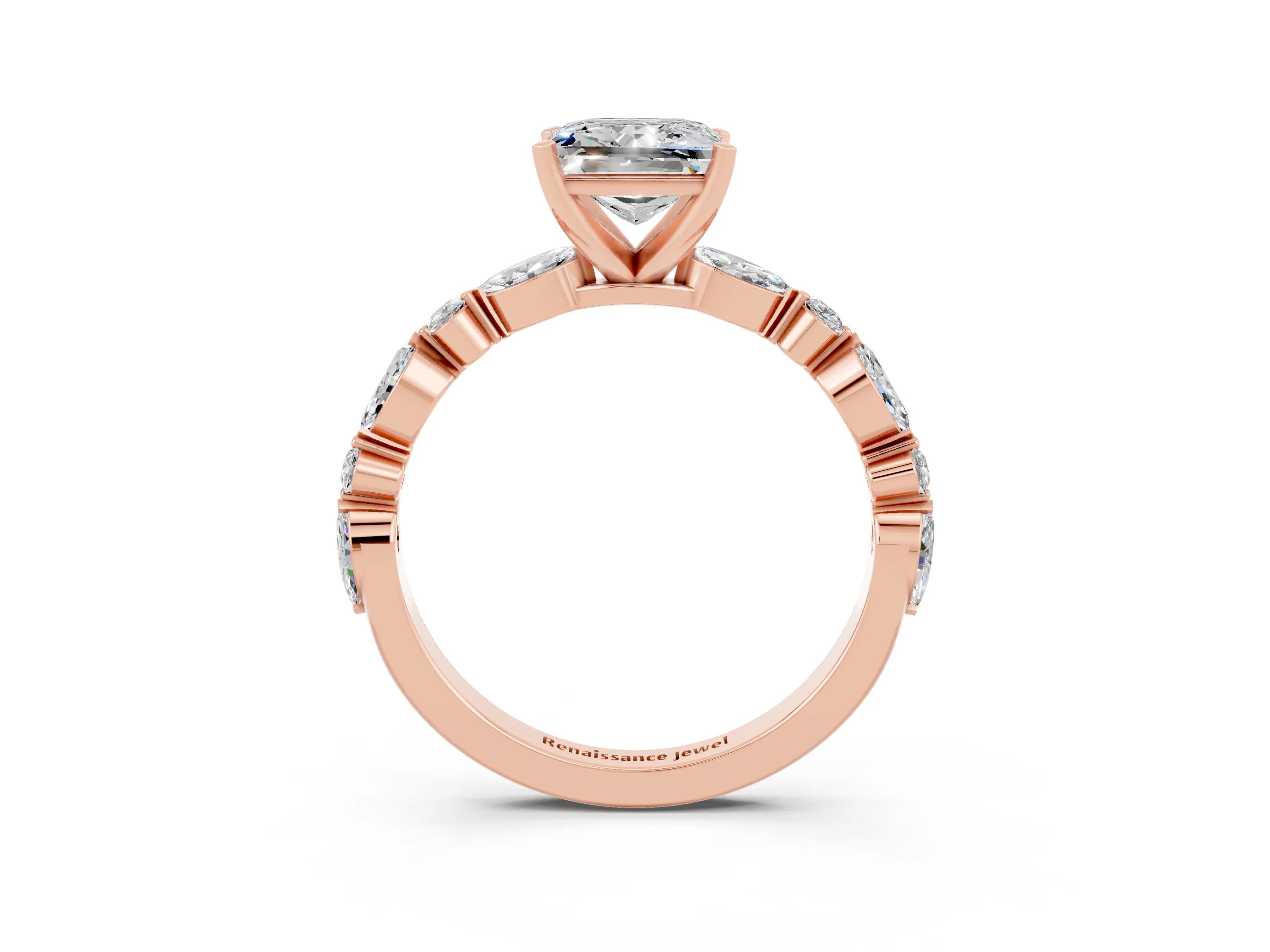 Rose gold Princess Cut Moissanite Solitaire with Side Stones on a Pavé Band and Four-Prong Setting_3