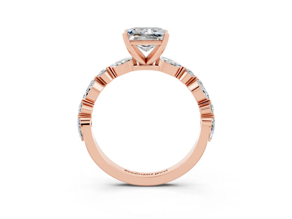 Rose gold Princess Cut Moissanite Ring with Marquise and Round  Side Stones and Four-Prong Setting