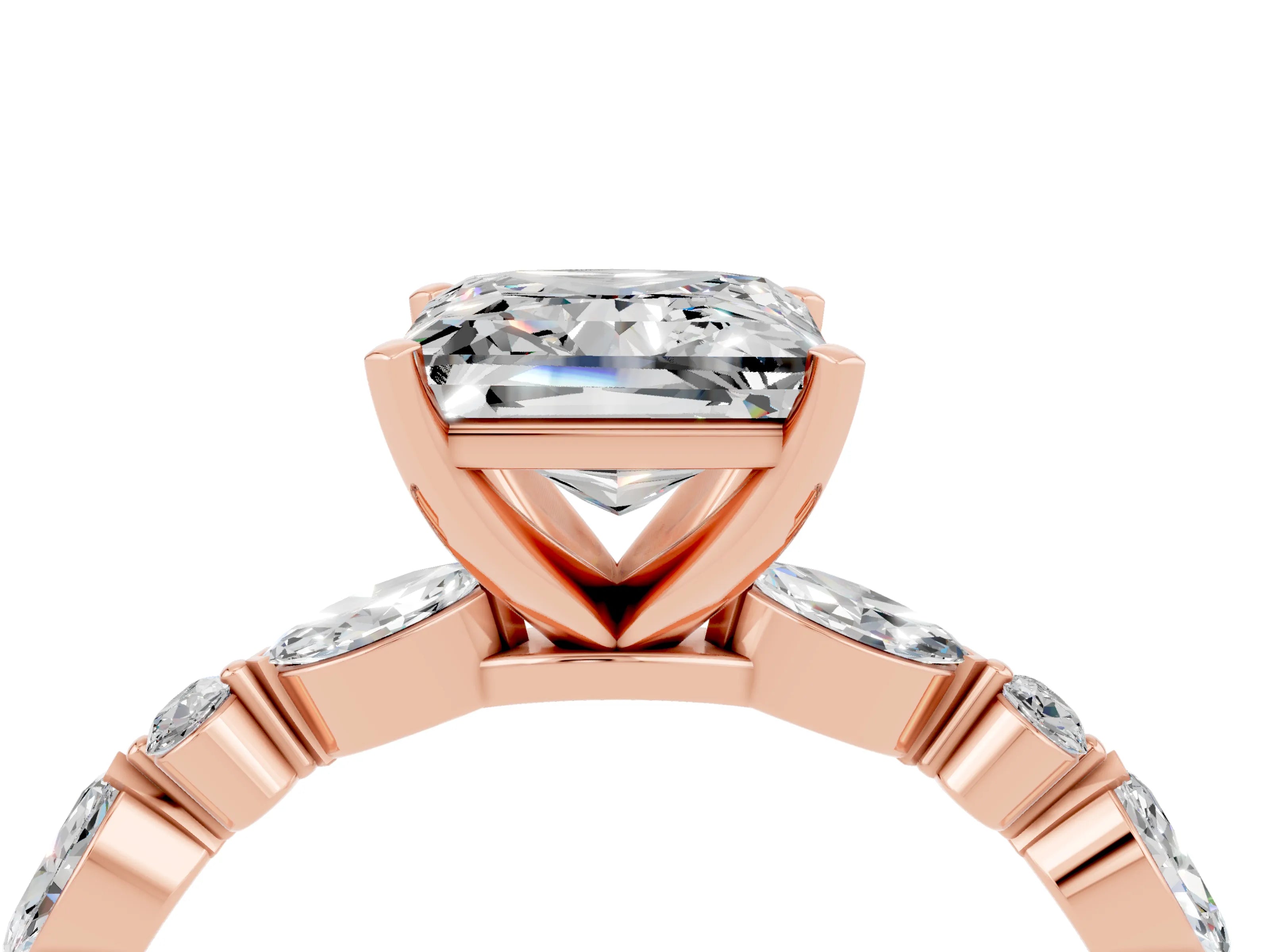 Rose gold Princess Cut Moissanite Solitaire with Side Stones on a Pavé Band and Four-Prong Setting_4