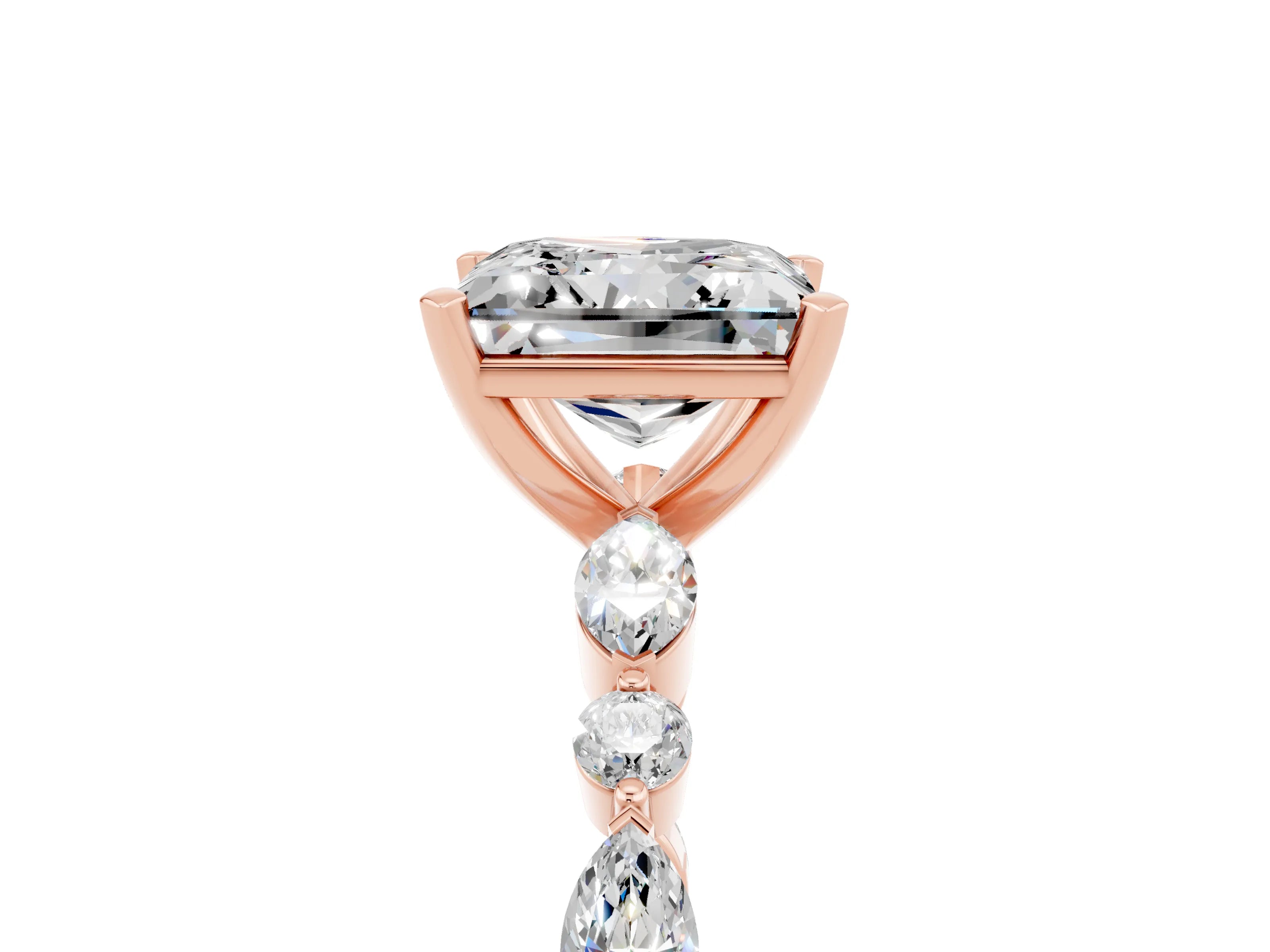 Rose gold Princess Cut Moissanite Solitaire with Side Stones on a Pavé Band and Four-Prong Setting_5