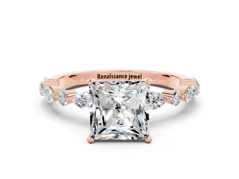 Rose gold Princess Cut Moissanite Solitaire with Side Stones on a Pavé Band and Four-Prong Setting