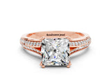 Rose gold Princess Cut Moissanite Split Shank Engagement Ring with Pavé Band