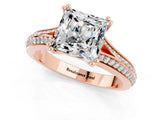 Rose gold Princess Cut Moissanite Split Shank Engagement Ring with Pavé Band_1