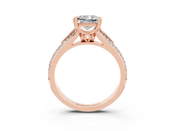Rose gold Princess Cut Moissanite Split Shank Engagement Ring with Pavé Band