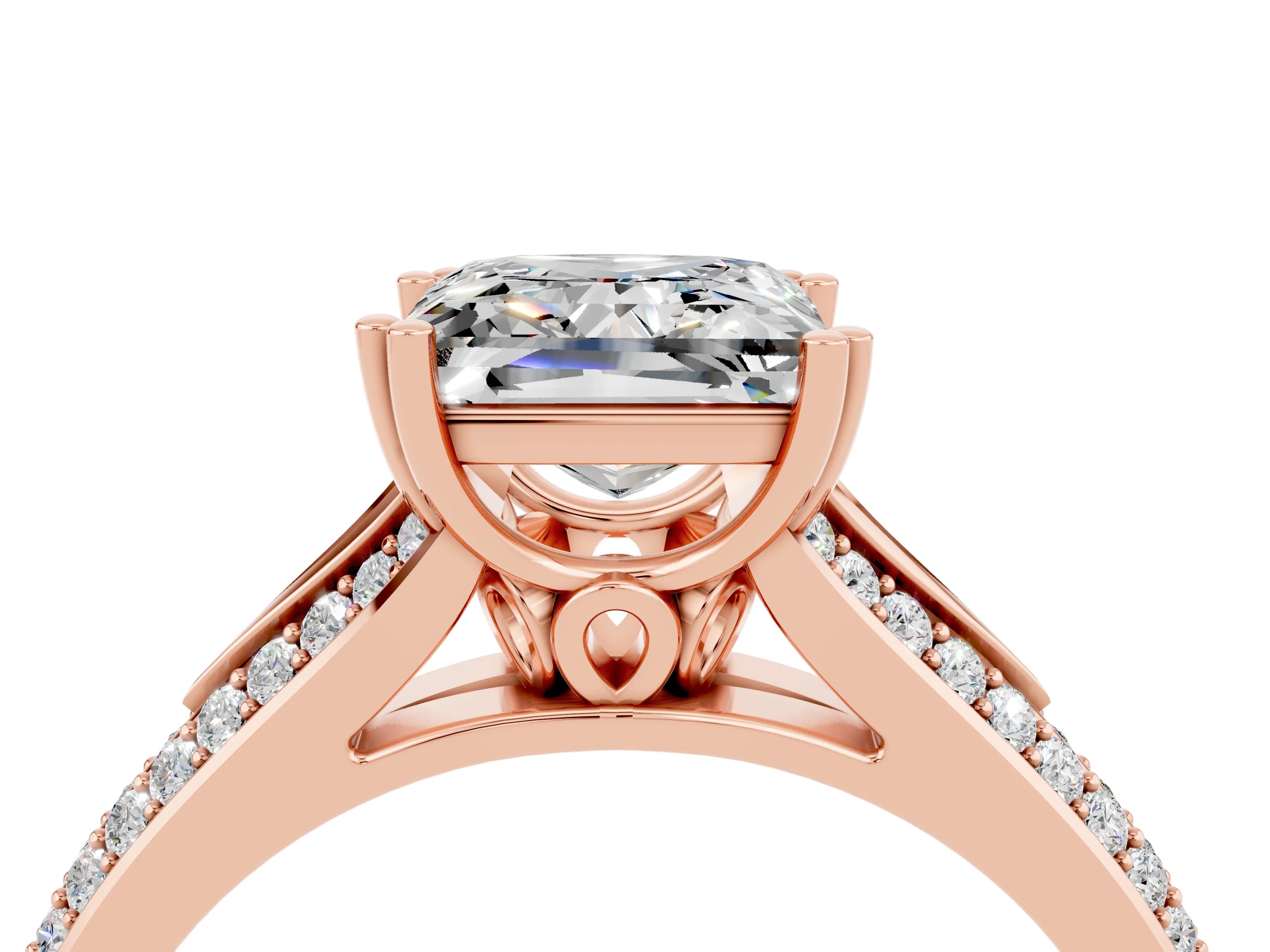 Rose gold Princess Cut Moissanite Split Shank Engagement Ring with Pavé Band_4