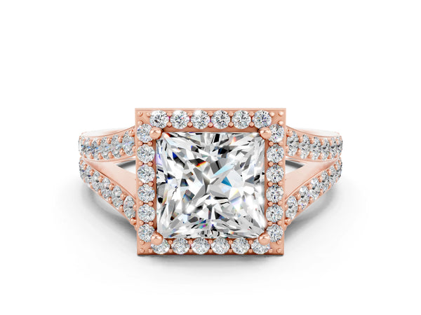 Rose gold Princess Cut Moissanite Split Shank Halo Ring with Four-Prong Setting