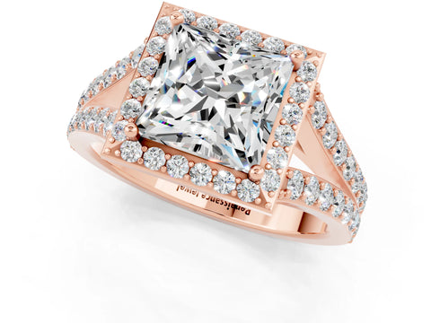 Rose gold Princess Cut Moissanite Split Shank Halo Ring with Four-Prong Setting_13