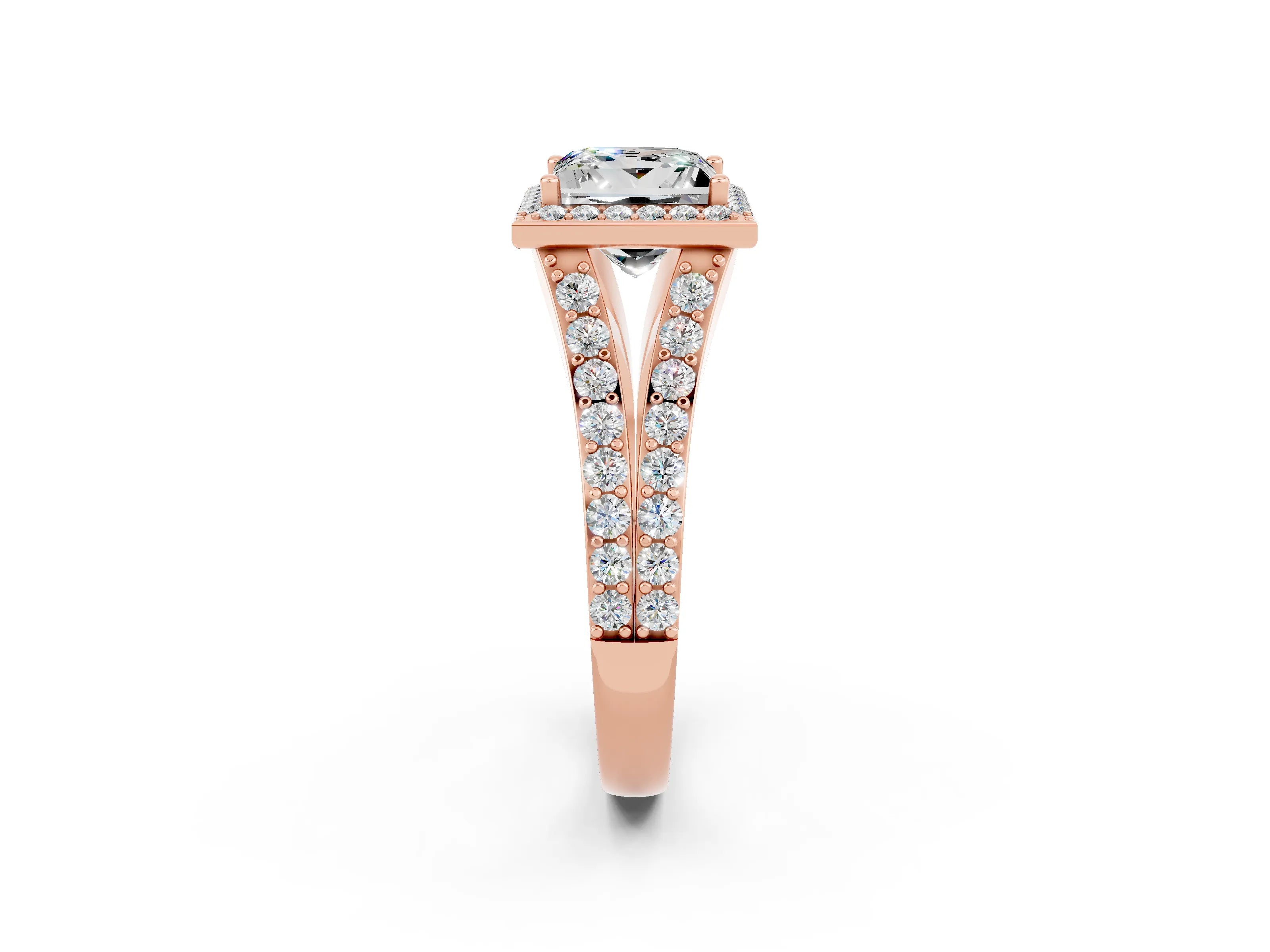 Rose gold Princess Cut Moissanite Split Shank Halo Ring with Four-Prong Setting_14
