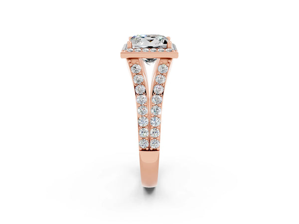 Rose gold Princess Cut Moissanite Split Shank Halo Ring with Four-Prong Setting