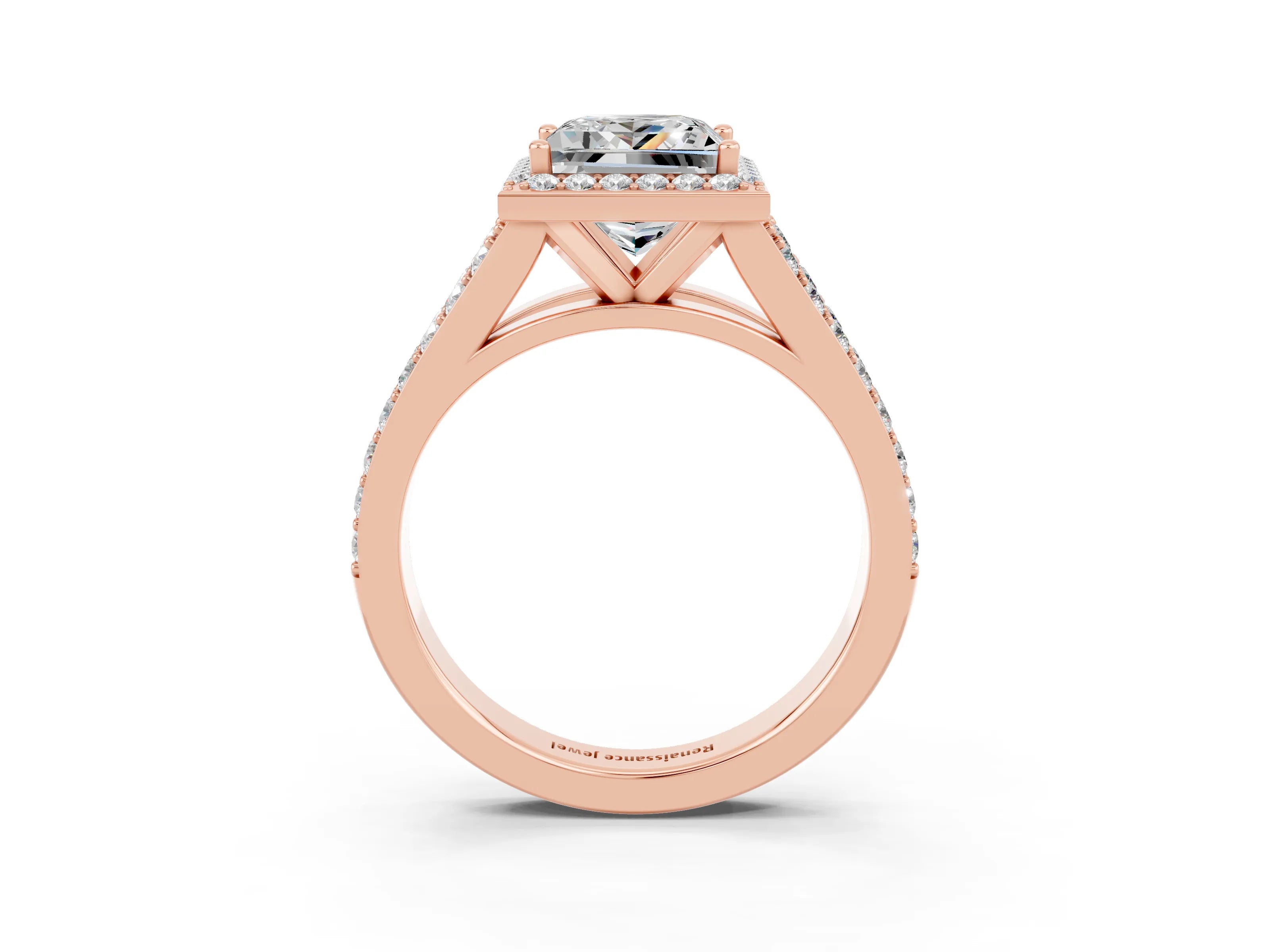 Rose gold Princess Cut Moissanite Split Shank Halo Ring with Four-Prong Setting_15