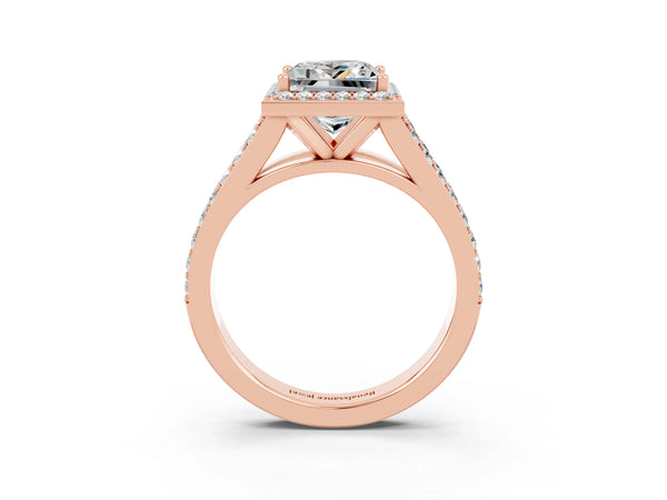 Rose gold Princess Cut Moissanite Split Shank Halo Ring with Four-Prong Setting