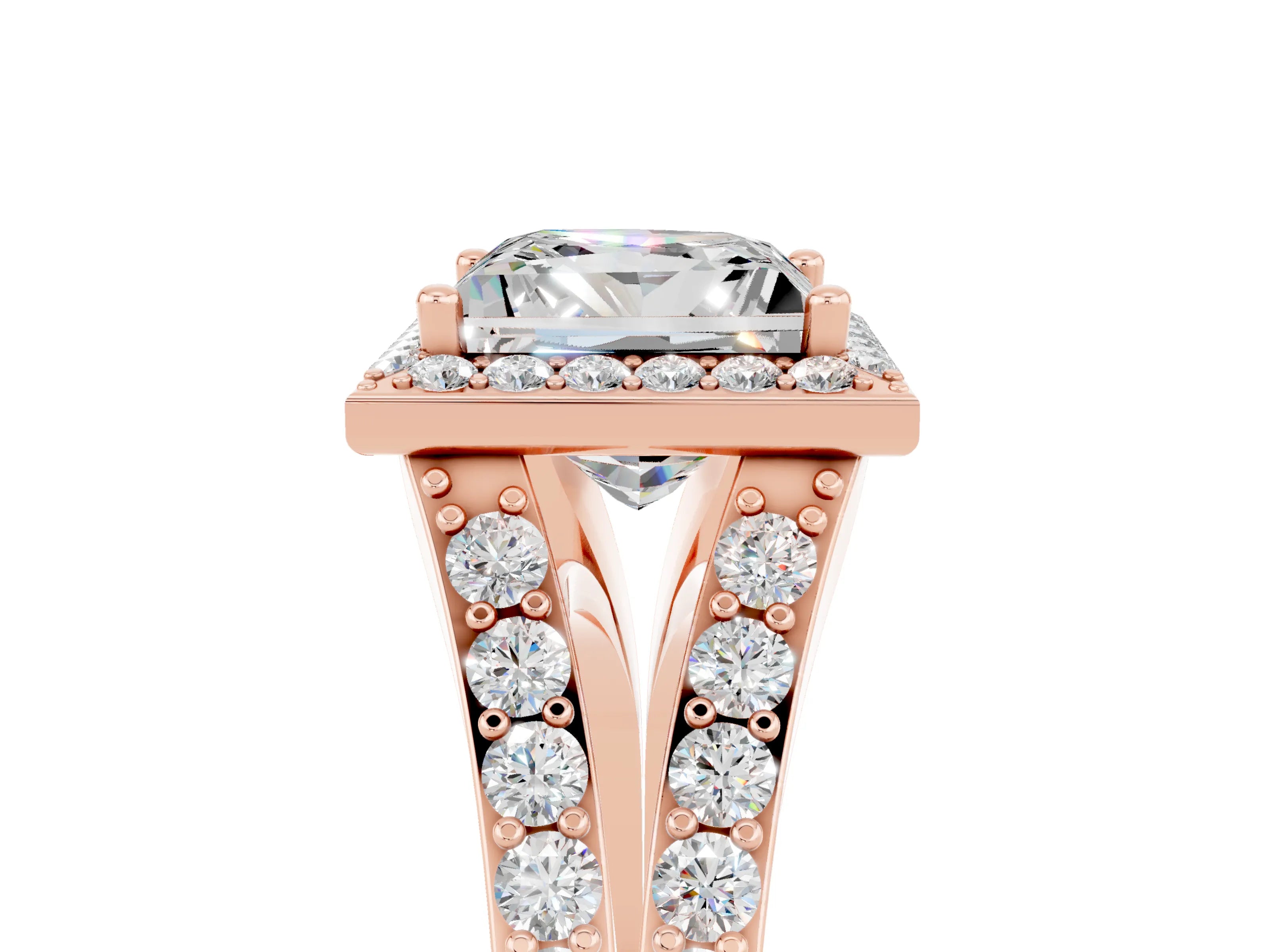 Rose gold Princess Cut Moissanite Split Shank Halo Ring with Four-Prong Setting_17